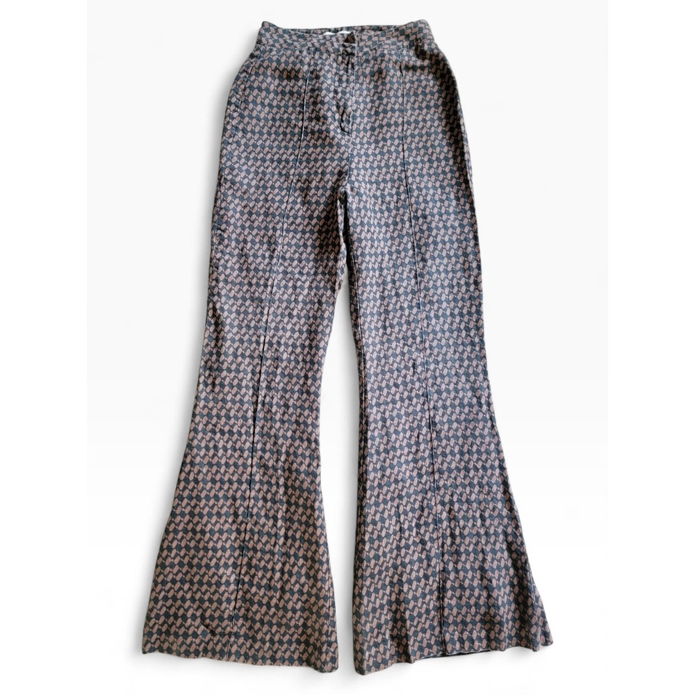 DISSH 100% Linen Brown Geometric Print High Rise Retro Flare Pants Size 25 80s